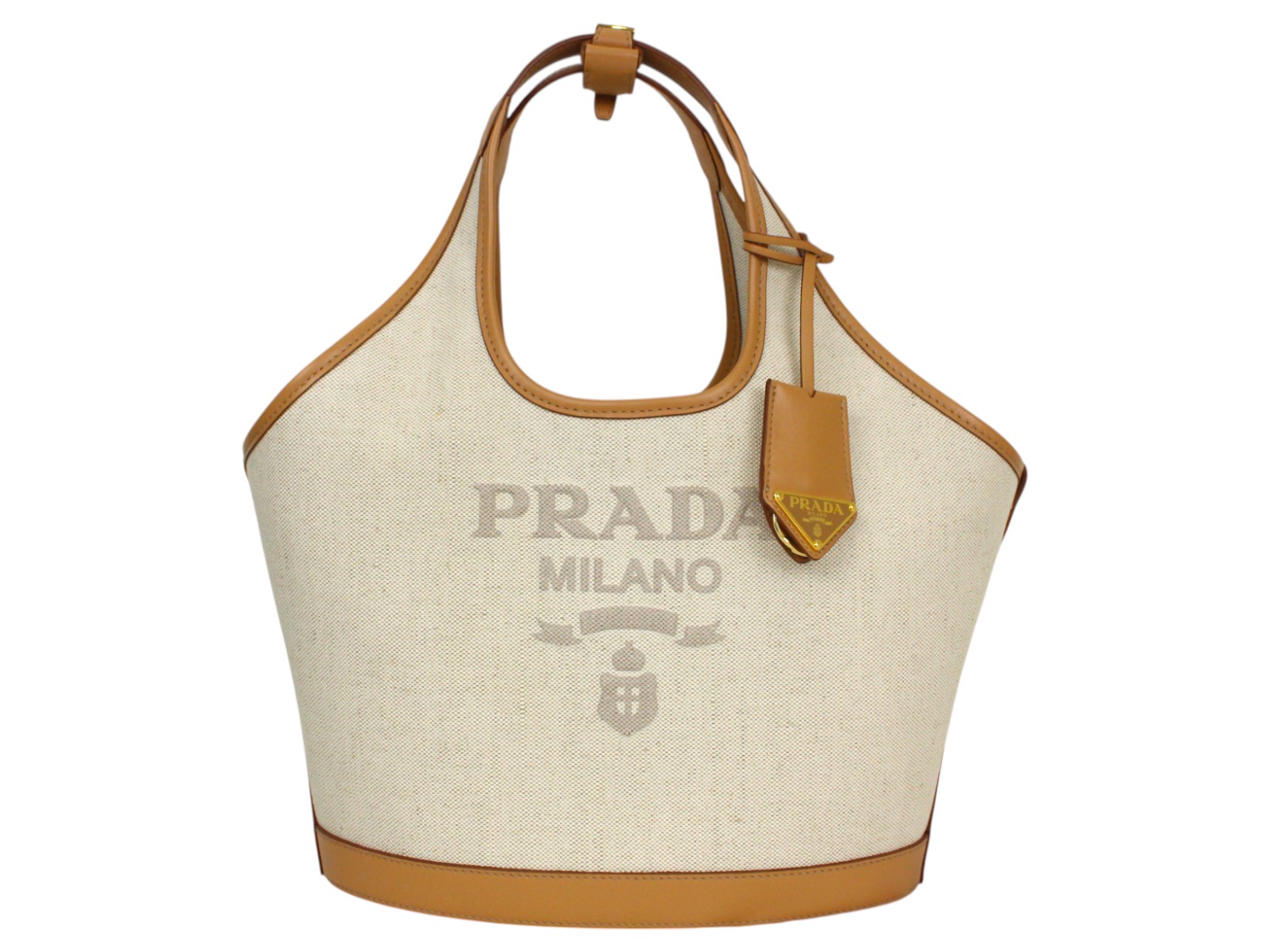 【箱・布袋・ギャラあり】PRADA　プラダ　ミディアムトートバッグ　1BG471　ナチュラル　ベージュ系　ハンドバッグ　ゴールド金具　コットン　麻　牛革　レディース　ウィメンズ　シンプル　人気　ギフト　プレゼント包装可【中古】松前R56号店