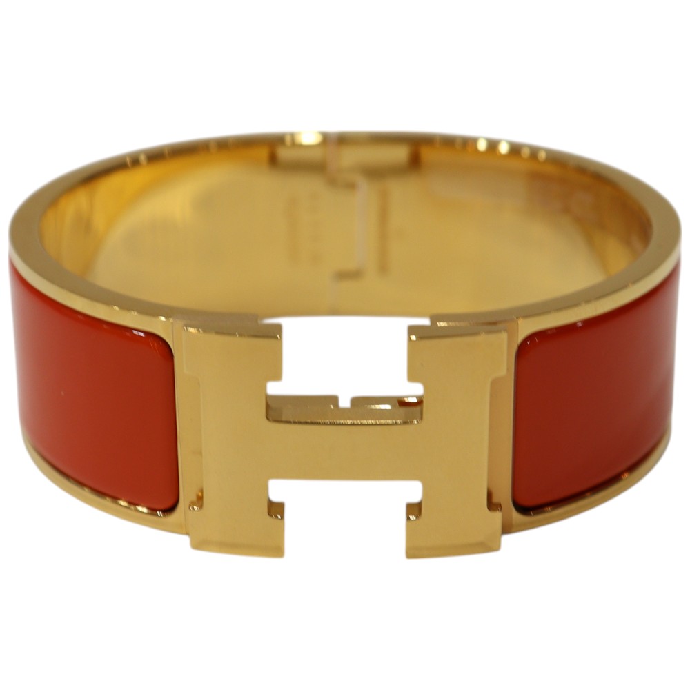 【箱・布袋あり】HERMES　エルメス　クリック・クラックGM　エナメルブレスレット　バングル　ジュエリー　オレンジ×シルバー　アクセサリー　小物　レディース　プレゼント包装　ギフト【中古】松山朝生田店