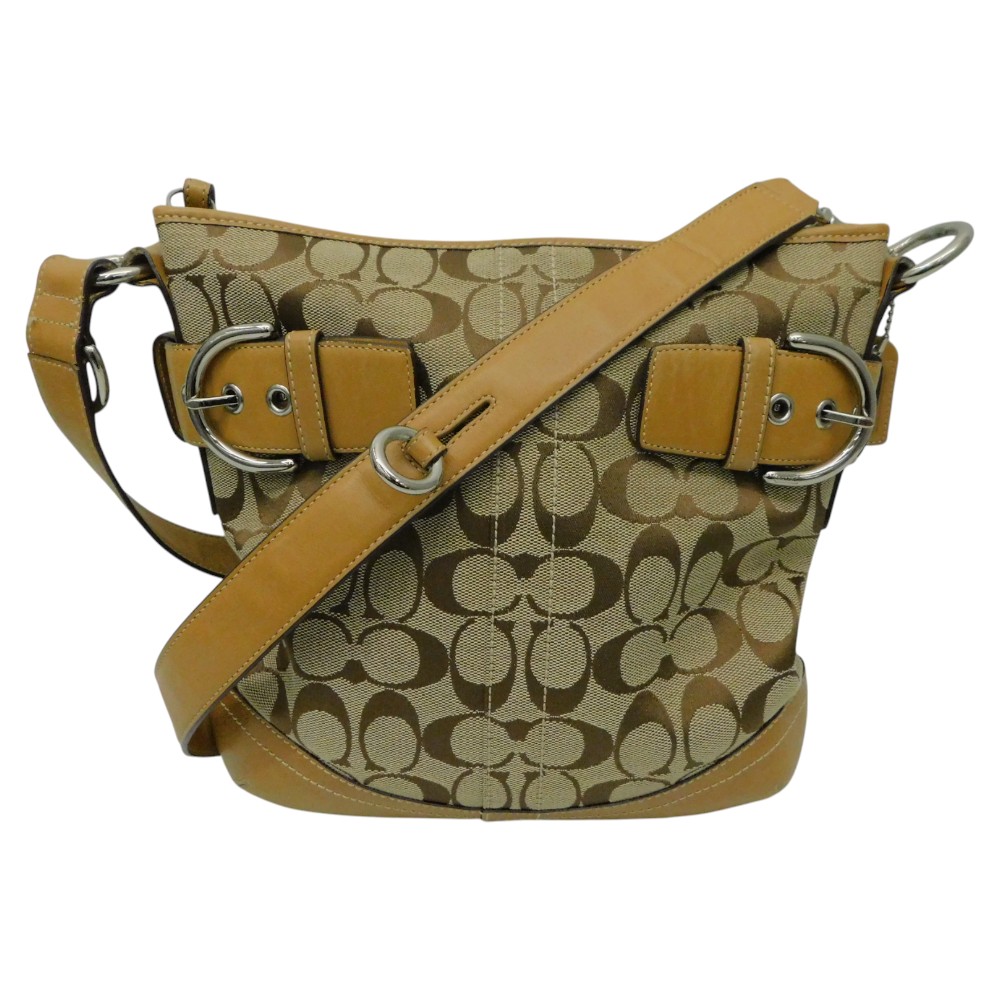 COACH　コーチ　シグネチャーショルダーバッグ　60863574　ベージュ　ブラウン　茶　シルバー金具　斜め掛け　肩掛け　レディース　メンズ　ユニセックス　ギフト　プレゼント包装可【中古】新居浜店
