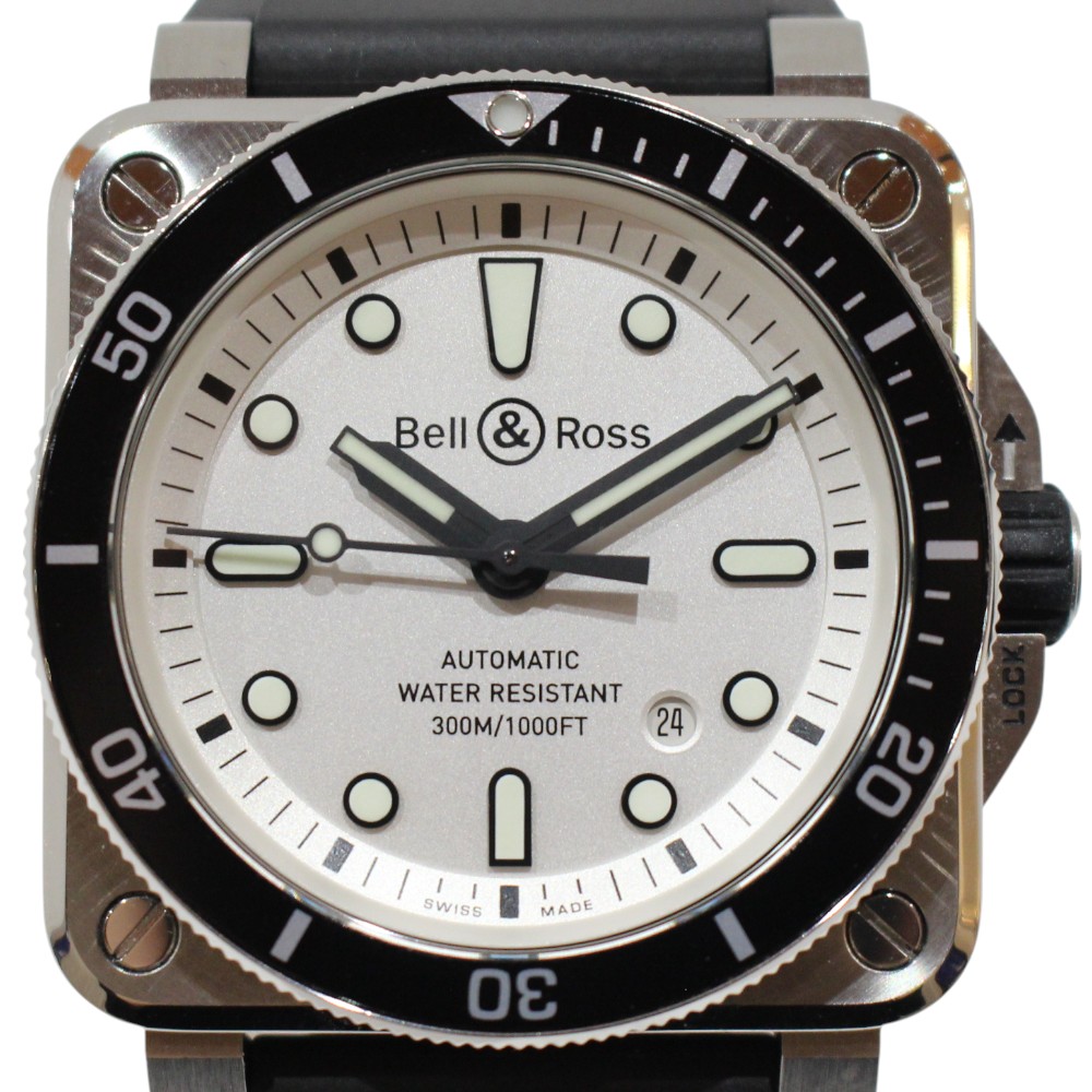 【ギャラ・替ベルト有】Bell&Ross ベル&ロス Diver White Steel ダイバー ホワイト スチール BR03-92 自動巻き デイト SS ラバー メンズ 腕時計 ウォッチ プレゼント包装 ギフト【中古】松山久万ノ台店