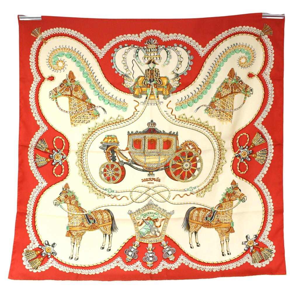 【極美品】HERMES カレ90 Paperoles 馬車と貴族 赤系 HERMES - エルメス HERMES スカーフ カレ90 Paperoles