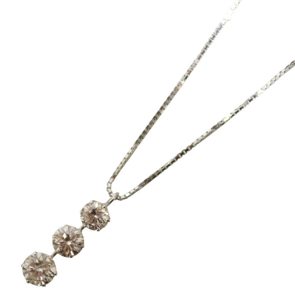 【鑑別書あり】Pt850　Pt900　プラチナ　3連ダイヤモンドネックレス　ラウンドブリリアントカット　1.00ct　3.20g　約45cm　アジャスター付き　ベネチアンチェーン　ペンダント　シンプル　レディース　ギフト　プレゼント包装可【中古】松前R56号店