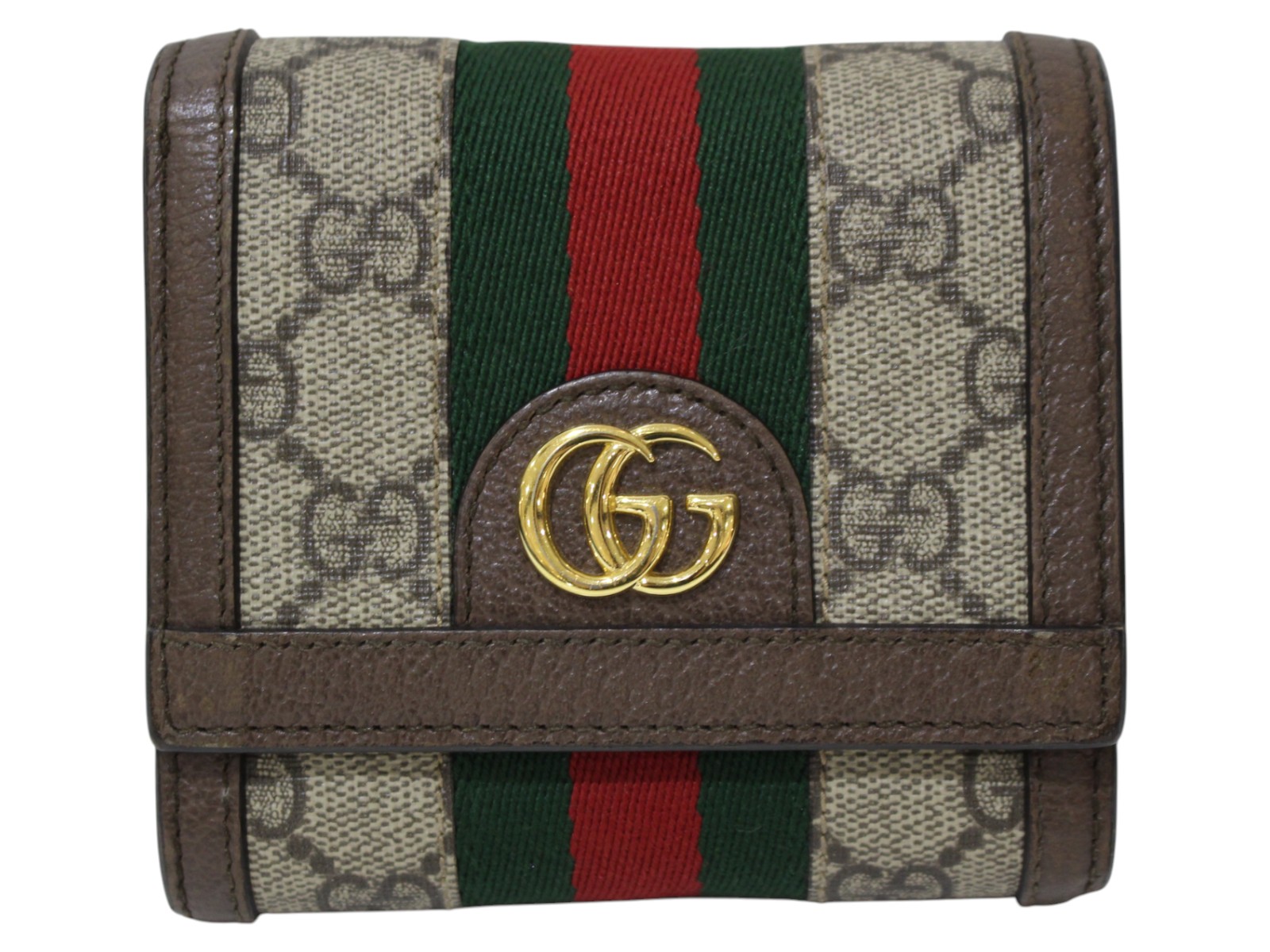 【箱・布袋あり】GUCCI　グッチ　GGウォレット　598662　オフィディア　ブラウン×グリーン×レッド　シェリーライン　GGスプリーム　 ウェブ ストライプ　折り財布　レディース　メンズ　ユニセックス　プレゼント包装　ギフト【中古】松前R56号店