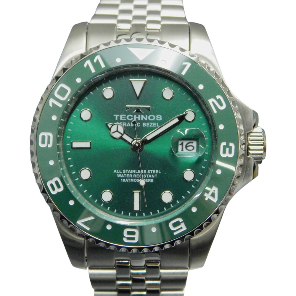 TECHNOS テクノス　T9C11MM　クオーツ　10気圧防水　日常生活用強化防水　ステンレススチール　SS グリーン　シルバー　日付表示　逆回転防止ベゼル　メンズ　腕時計　ウォッチ　プレゼント包装　ギフト【中古】新居浜店｜かんてい局松前Ｒ５６号店