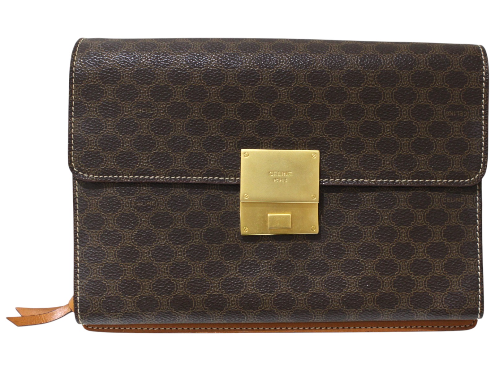 CELINE セリーヌ マカダムセカンドバッグ クラッチバッグ ブラウン系 ゴールド金具 収納 カード入れ 小銭入れ レディース メンズ ユニセックス シンプル 人気 プレゼント包装 ギフト【中古】松前R56号店