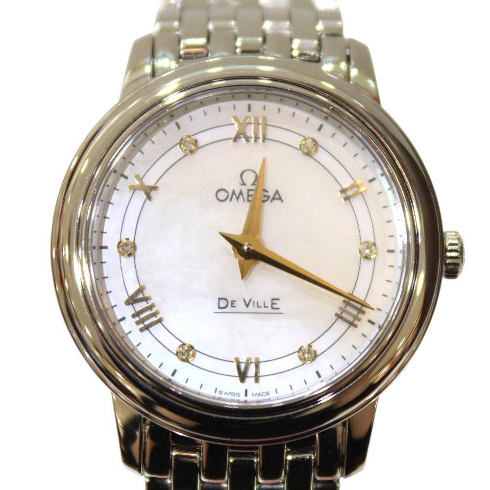 【ポリッシュ・電池交換済み】OMEGA　オメガ　デヴィル　424.10.27.60.55.001　クオーツ　ダイヤモンド　SS　ステンレス　ホワイトシェル　3気圧防水　レディース　ウィメンズ　シンプル　腕時計　ウォッチ　プレゼント包装　ギフト【中古】松山久万ノ台店