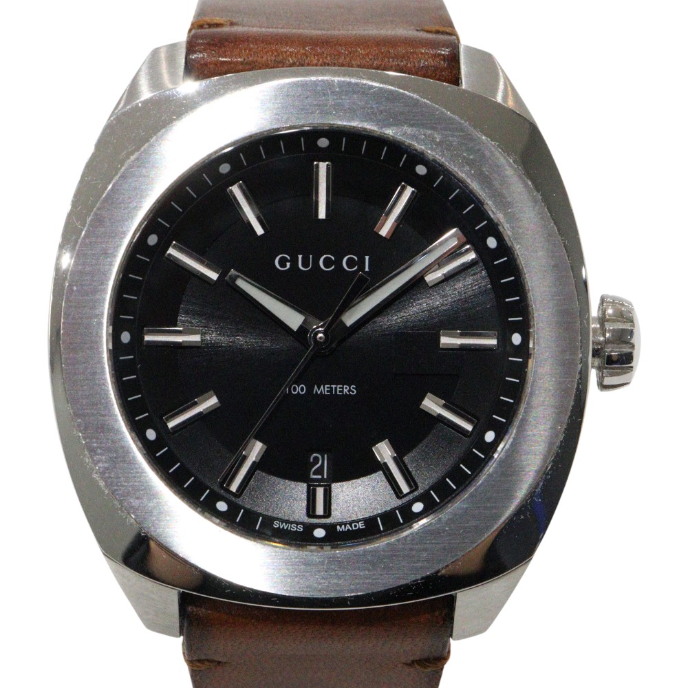 GUCCI　グッチ　GG2570　YA142207　クオーツ　デイト　SS　レザー　ブラック　ブラウン　メンズ　レディース　ユニセックス　腕時計　ウォッチ　プレゼント包装　ギフト【中古】松山朝生田店｜かんてい局松前Ｒ５６号店