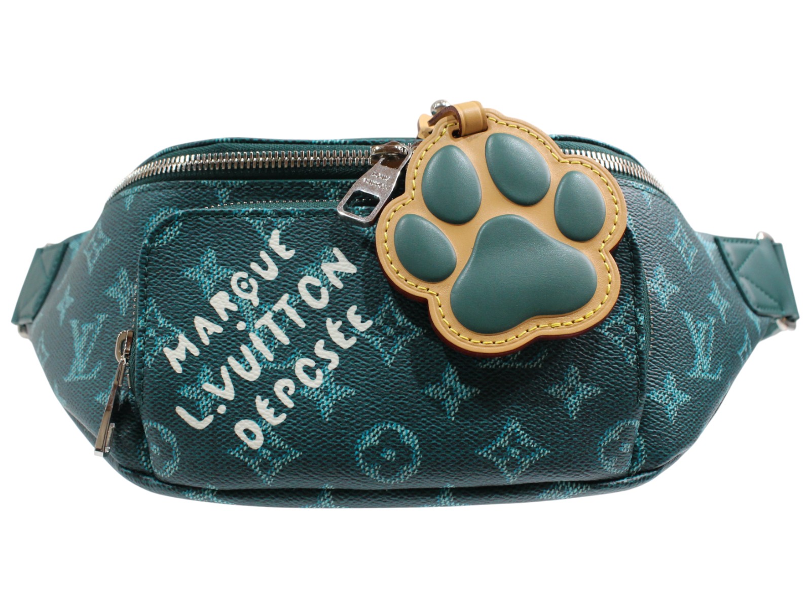 【箱・布袋あり】LOUIS VUITTON　ルイ・ヴィトン　ラッシュ・バムバッグ　M12867　モノグラム・ヘリテージ　キャンバス　ウエストバッグ　ボディバッグ　犬の肉球　バッグチャーム　グリーン　メンズ　LV　ギフト　プレゼント包装可【中古】松山久万ノ台店