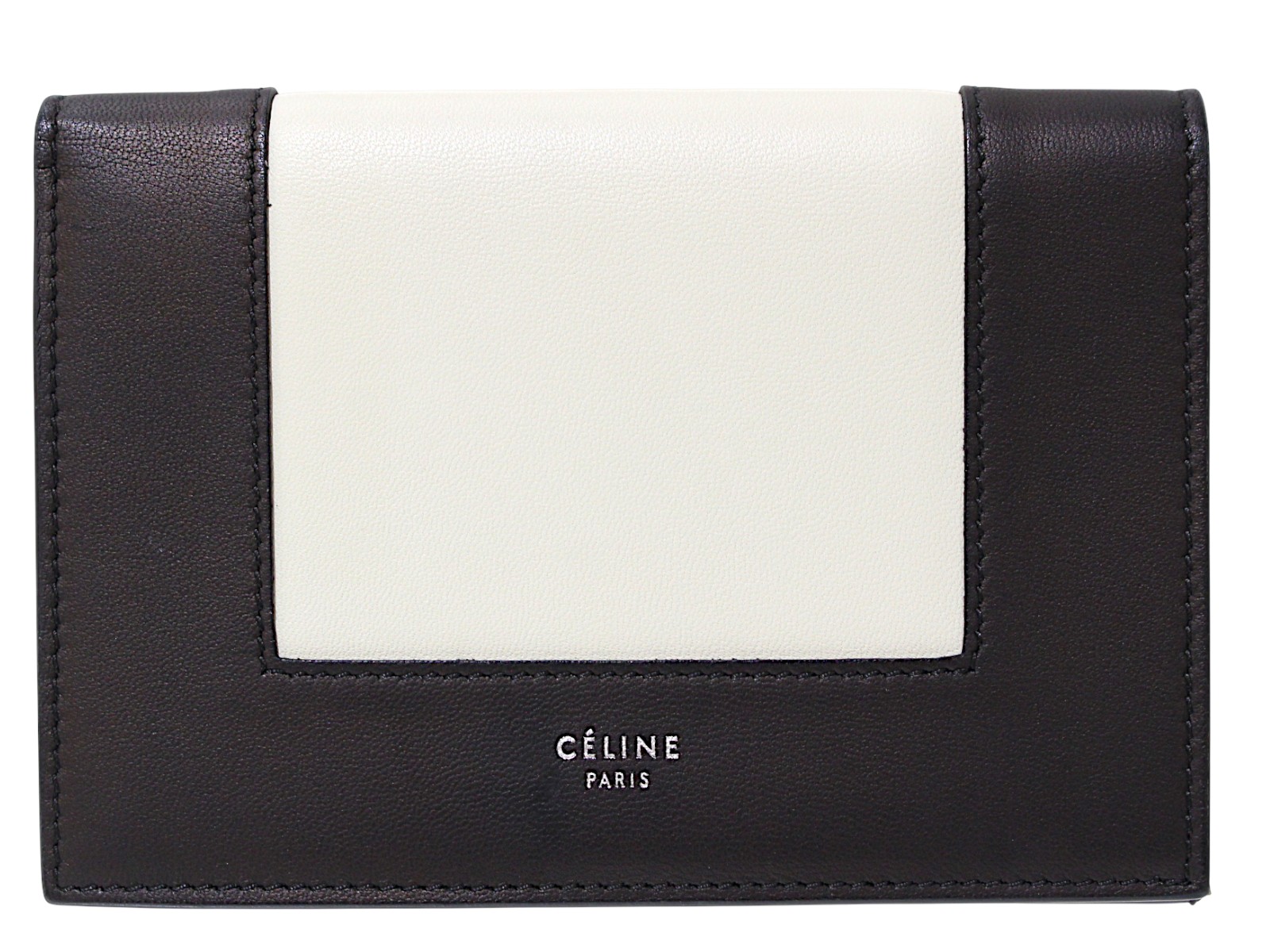 【布袋あり】CELINE セリーヌ フレームマルチファンクション 二つ折り紙入れ バイ色つや 折りたたみ ウォレット 黒いこと×白いこと系 なめし革 しろがね色金具 レディース ウィメンズ 分かりやすい 一般受け 差し上げ物荷拵え 差し上げ物【中古】松前R56号店