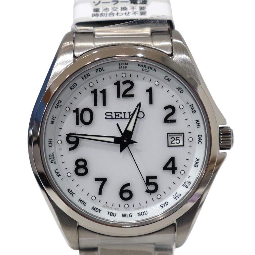 【内外箱・保証書あり】SEIKO　セイコー　セイコーセレクション　SBTM327　電波ソーラー　ホワイト系文字盤　アナログ　10気圧防水　チタン　デイト　シンプル　メンズ　腕時計　ウォッチ　プレゼント包装　ギフト【中古】松山朝生田店