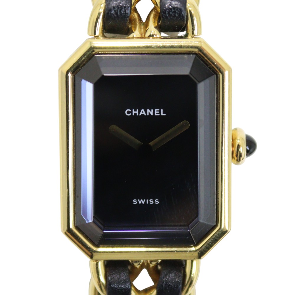 CHANEL　シャネル　プルミエール　H0001　サイズL　クオーツ　ブラック文字盤　ブラック×ゴールド　レザー　ゴールドメッキ　スクエア　20m防水　レディース　ウィメンズ　定番　人気　腕時計　ウォッチ　プレゼント包装　ギフト【中古】松山久万ノ台店