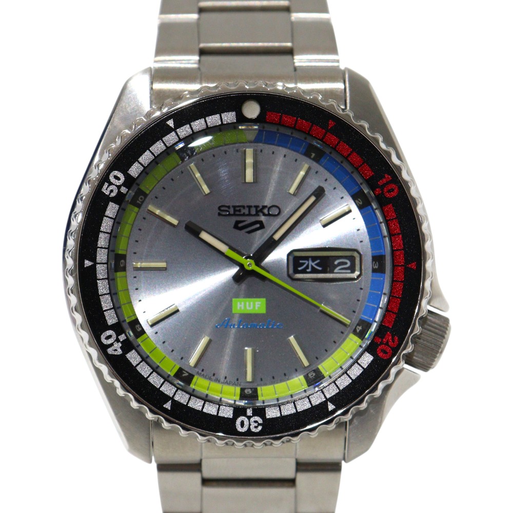 【HUFコラボモデル】SEIKO　セイコー　セイコー5スポーツ　SBSA279　自動巻き　デイデイト　曜日　マルチカラー　41mm　ステンレス　逆回転防止ベゼル　シースルー・スクリューバック　メンズ　人気　腕時計　ウォッチ　プレゼント包装　ギフト【中古】松山朝生田店