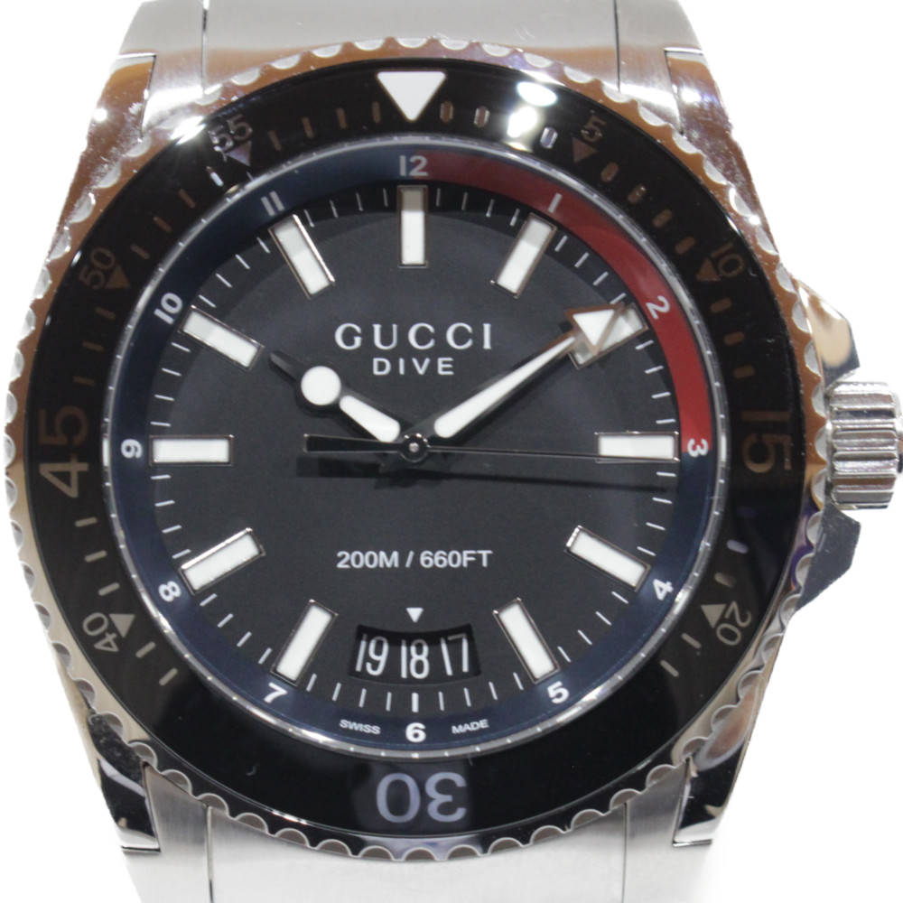 【箱・ギャラあり】GUCCI　グッチ　DIVE　ダイブ　YA136212　クオーツ　デイト　ステンレススチール　ブラック　黒　逆回転防止ベゼル　日付表示　ダイバーズウォッチ　メンズ　腕時計　ウォッチ　プレゼント包装　ギフト【中古】松山久万ノ台店