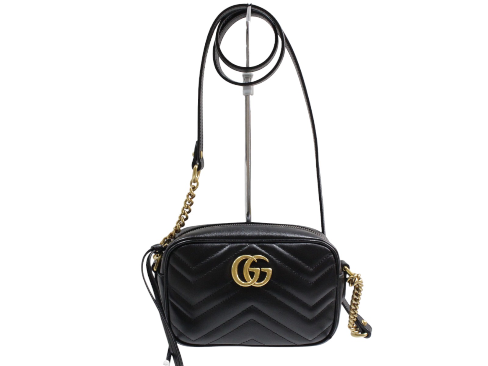 GUCCI グッチ GGマーモントミニカメラバッグ チェーンショルダーバッグ ダブルG 448065 キルティング ミニバッグ ブラック ゴールド金具 斜め掛け 小さめ レディース シンプル ギフト プレゼント包装可【中古】松山久万ノ台店