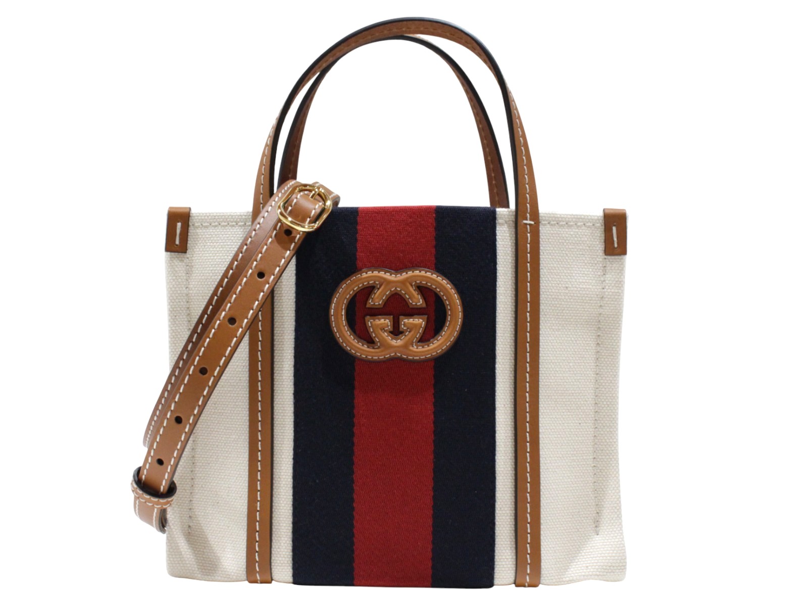 【箱・布袋・ショルダーストラップ】GUCCI　グッチ　インターロッキングG ミニトートバッグ　727735　キャンバス×レザー　ホワイト　ネイビー　レッド　ハンドバッグ　ショルダーバッグ　ユニセックス　メンズ　レディース　プレゼント包装可【中古】松山久万ノ台店