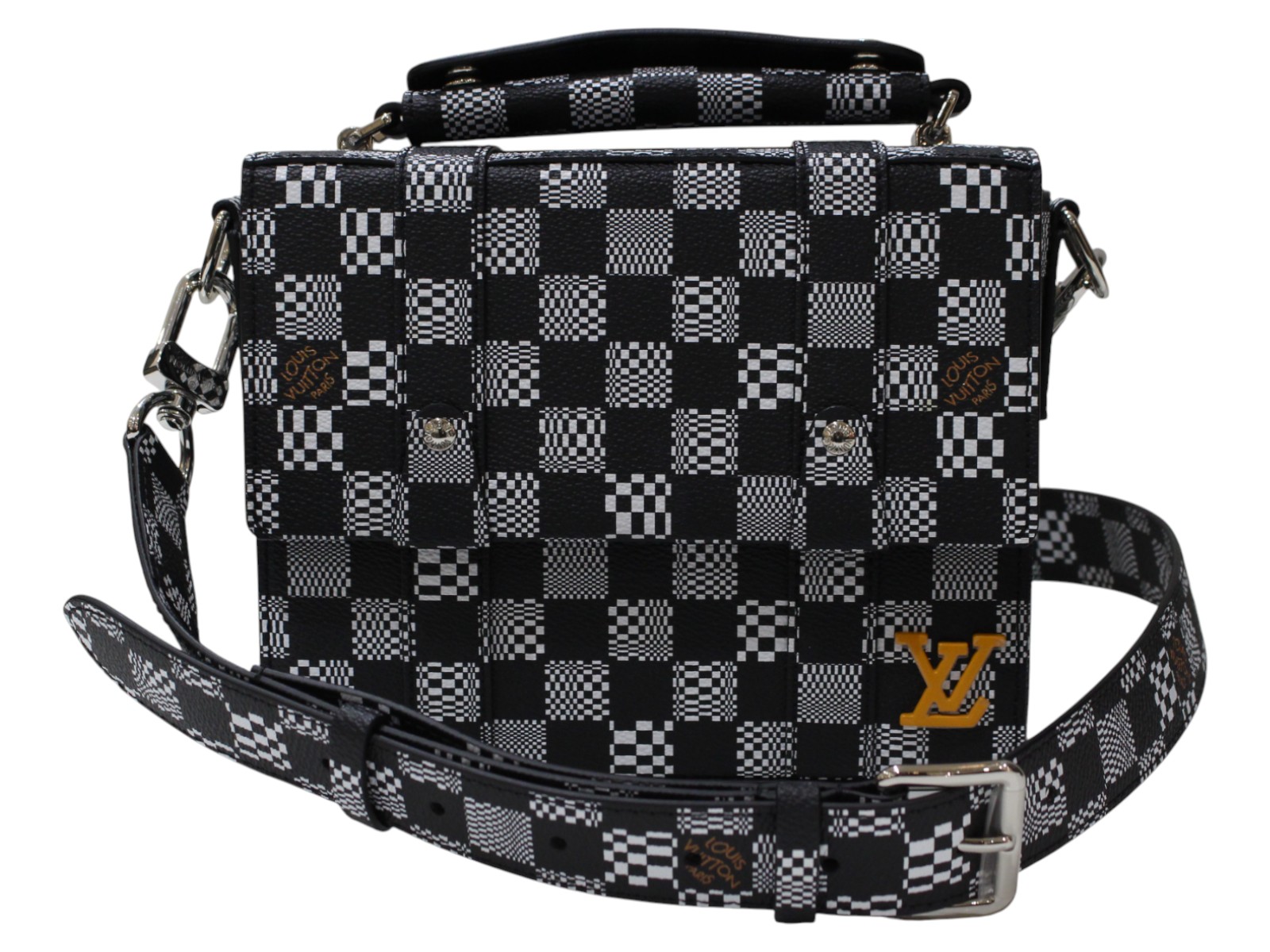 【布袋あり】LOUIS VUITTON　ルイ・ヴィトン　フラップ・ソフトトランク　N50032　ダミエ・ディストーテッド　2021年　ハンドバッグ　ショルダーバッグ　2WAYバッグ　ブラック　ホワイト　メンズ　LV　ギフト　プレゼント包装可【中古】松前R56号店 172,400円
