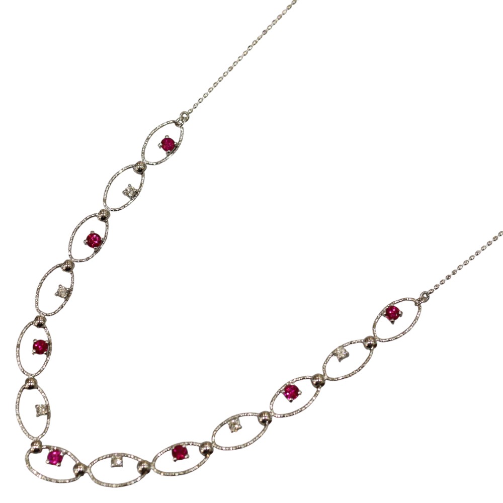 K18WG　デザインネックレス　ホワイトゴールド　46cm　3.8g　メレダイヤ　0.15ct　ルビー　0.53ct　レディース　オシャレ　アクセサリー　セレクトジュエリー　お洒落　ギフト　プレゼント包装可【中古】松前R56号店
