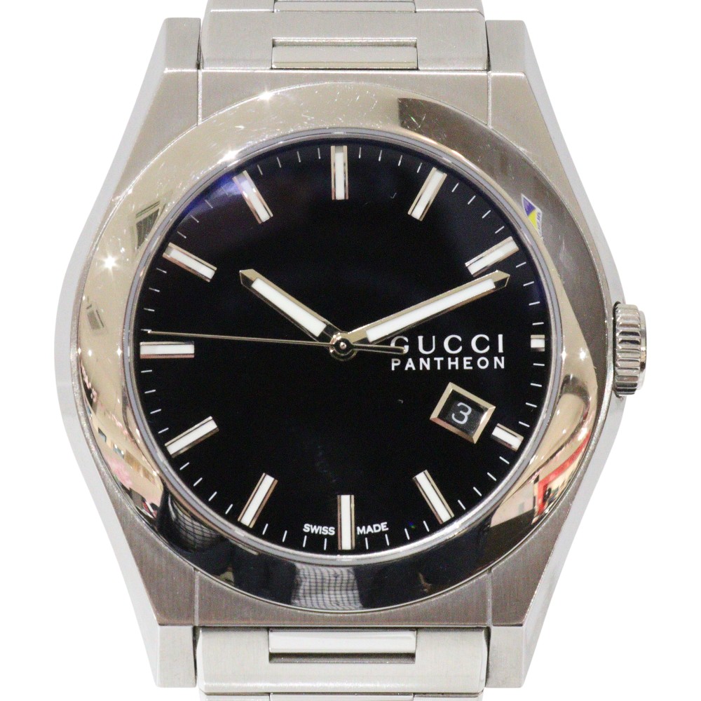 【電池交換済み】GUCCI　グッチ　パンテオン　115.2　クオーツ　電池式　ステンレス　日付表示　デイト　ブラック文字盤　日常生活防水　メンズ　紳士　シンプル　人気　腕時計　ウォッチ　プレゼント包装　ギフト【中古】松前R56号店