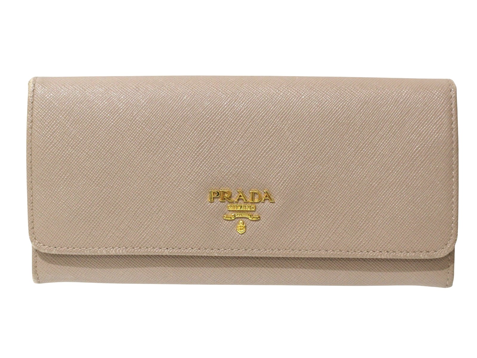 【ギャラ･箱あり】PRADA　プラダ　サフィアーノ メタル　レザー　1M1132　CAMMEO　カメオ　ピンクベージュ系　ロングウォレット　長財布　フラップ式　ダブルスナップボタン　レディース　ウィメンズ　プレゼント包装　ギフト【中古】松前R56号店