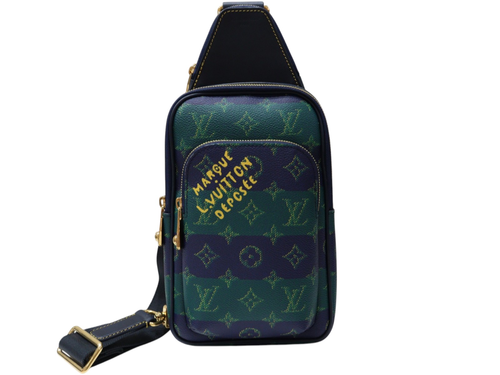 【箱・布袋付】LOUIS VUITTON ルイ・ヴィトン 大通り･スリングバッグ PM M26419 モノグラム･ヘリテージ 帆布 青碧縞模様 オレンジイエロー色合い ゴールド金具 クロスボディバッグ メンズ 一般受け 差し上げ物 差し上げ物荷拵え可【中古】松山朝生田店