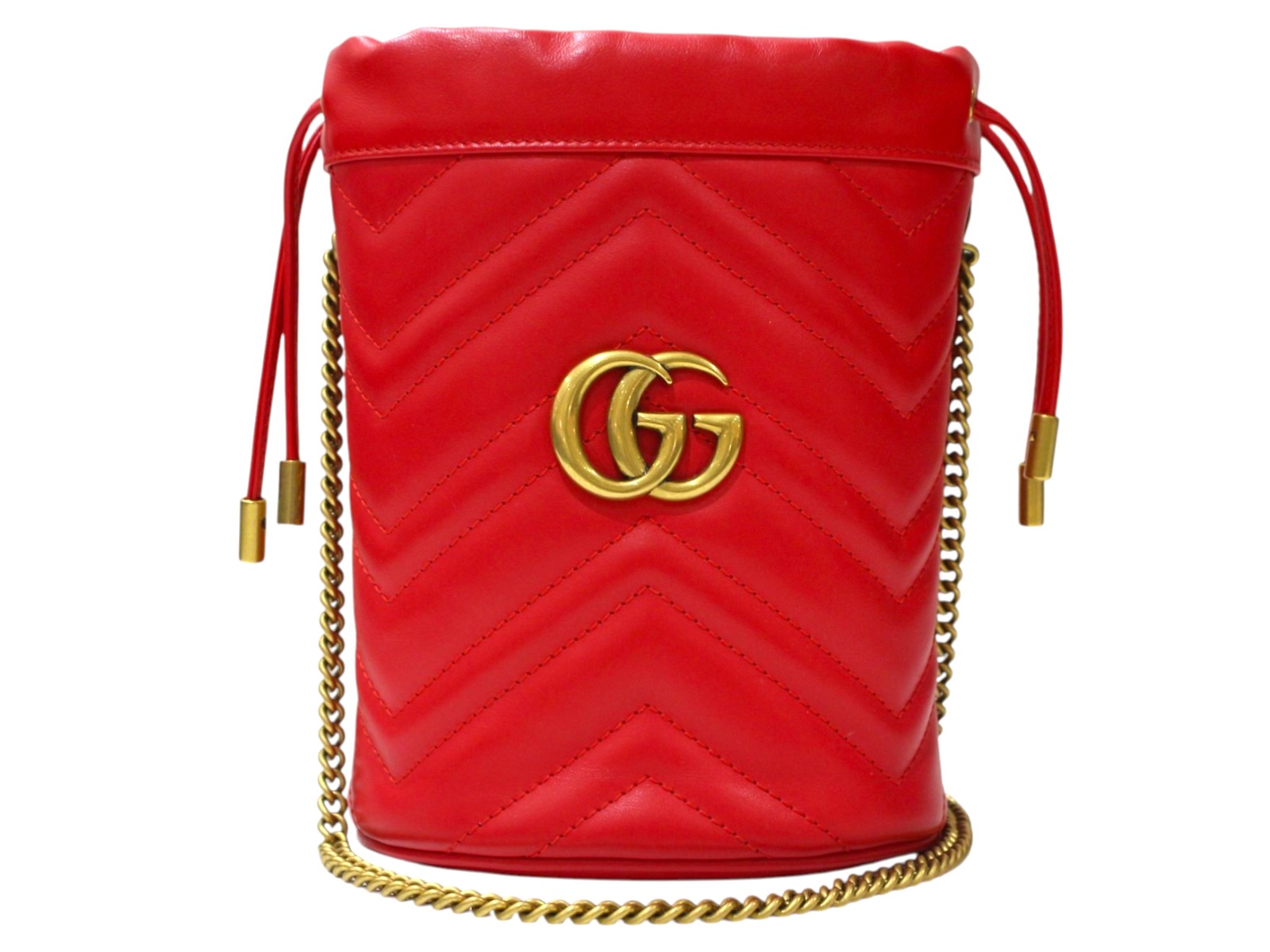 【箱・布袋あり】GUCCI　グッチ　GGマーモントミニバケットバッグ　575163　チェーンショルダー　レッド系　ゴールド金具　レザー　斜め掛け　コンパクト　レディース　ウィメンズ　シンプル　人気　プレゼント包装　ギフト【中古】松前R56号店｜かんてい局松前Ｒ５６号店