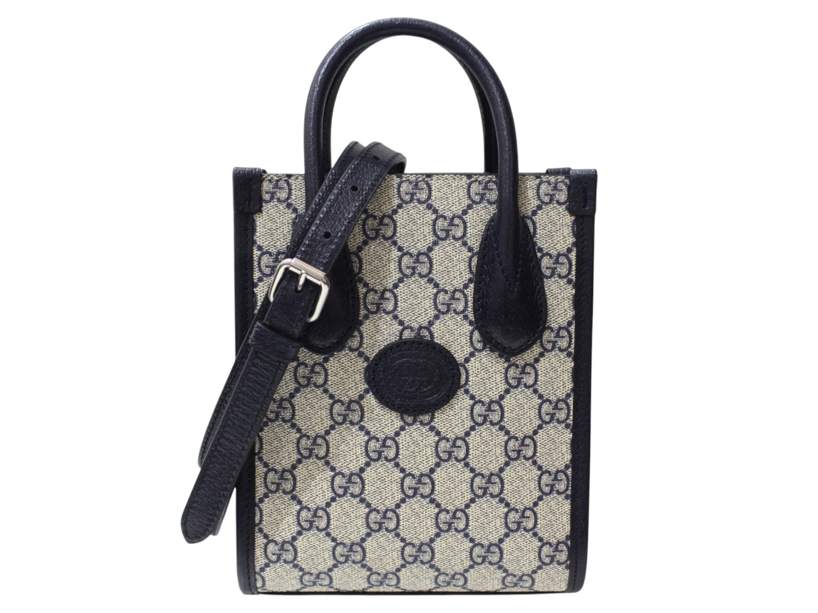【箱・布袋・ストラップあり】GUCCI グッチ インターロッキングGミニトートバッグ 671623 2WAY しろがね色金具 米国海軍系×ベージュ系 GGスプリームキャンバス×なめし革 レディース メンズ ユニ一発やる 差し上げ物荷拵え 差し上げ物【中古】松前R56号店