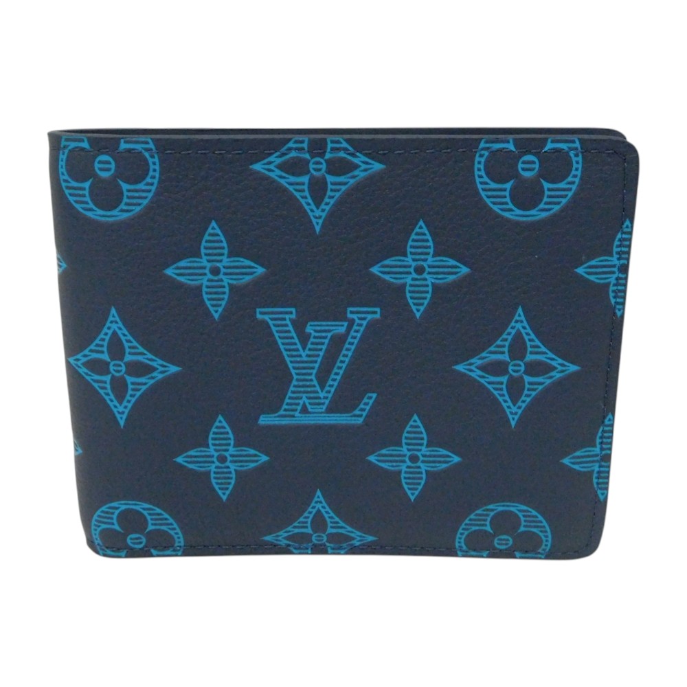 【箱・布袋付き】LOUIS VUITTON ルイ・ヴィトン ポルトフォイユ・ミュルティプル M62288 モノグラムシャドウ ブルー ネイビー 二つ折り財布 カード入れ 札入れ コンパクトウォレット ミニ財布 メンズ ギフト プレゼント包装可【中古】新居浜店