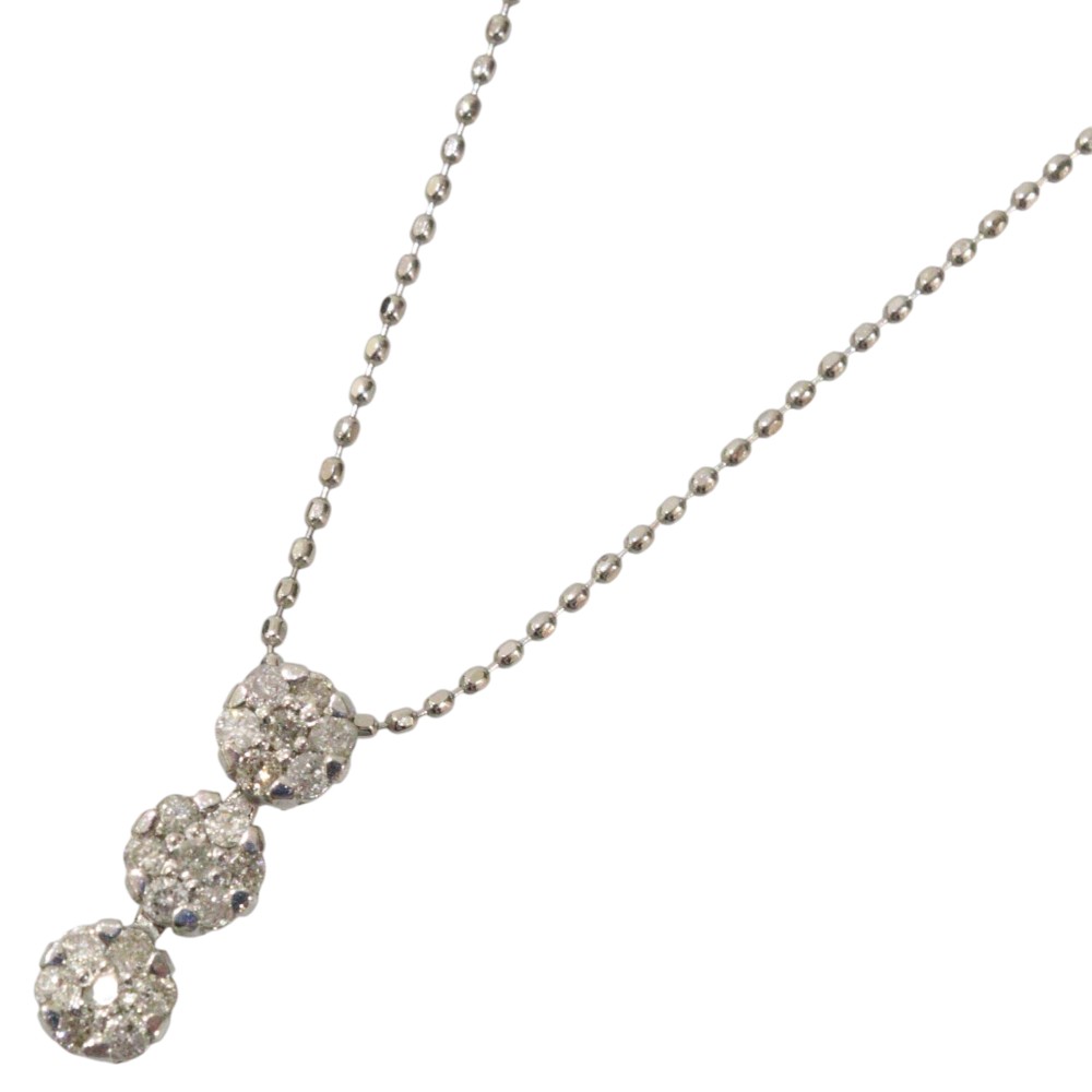 K18WG　ホワイトゴールド　3連ダイヤ　デザイントップ　ネックレス　ダイヤモンド　0.20ct　ボールチェーン　2.9g　約50cm　アジャスター付き　ペンダント　綺麗　シンプル　レディース　ギフト　プレゼント包装可【中古】松前R56号店