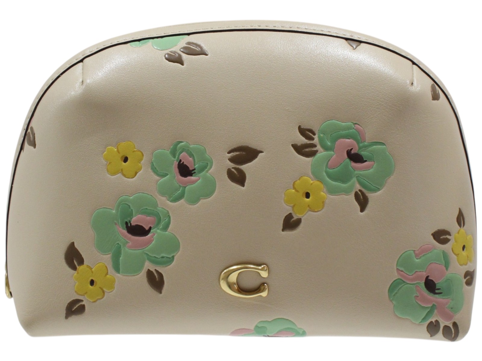 COACH コーチ職 ジュリエンヌ コスメティック 入れもの 17・フローラル 刷り上げる CI187 リファインドカーフレザー ベージュ お花 花柄 かざり付ける合財袋 メイク合財袋 小入れもの レディース 差し上げ物荷作り 差し上げ物【中古】松山久万ノ台店 化粧ポーチ-バッグ