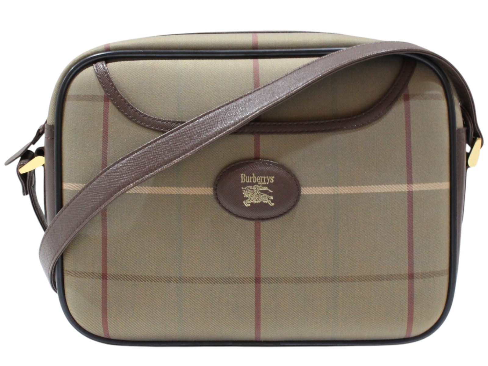 BURBERRY　バーバリー　ショルダーバッグ　メッセンジャーバッグ　チェック　カーキグリーン×ブラウン　ゴールド金具　肩掛け　斜め掛け　ユニセックス　メンズ　ウィメンズ　レディース　シンプル　カジュアル　プレゼント包装　ギフト【中古】松山久万ノ台店