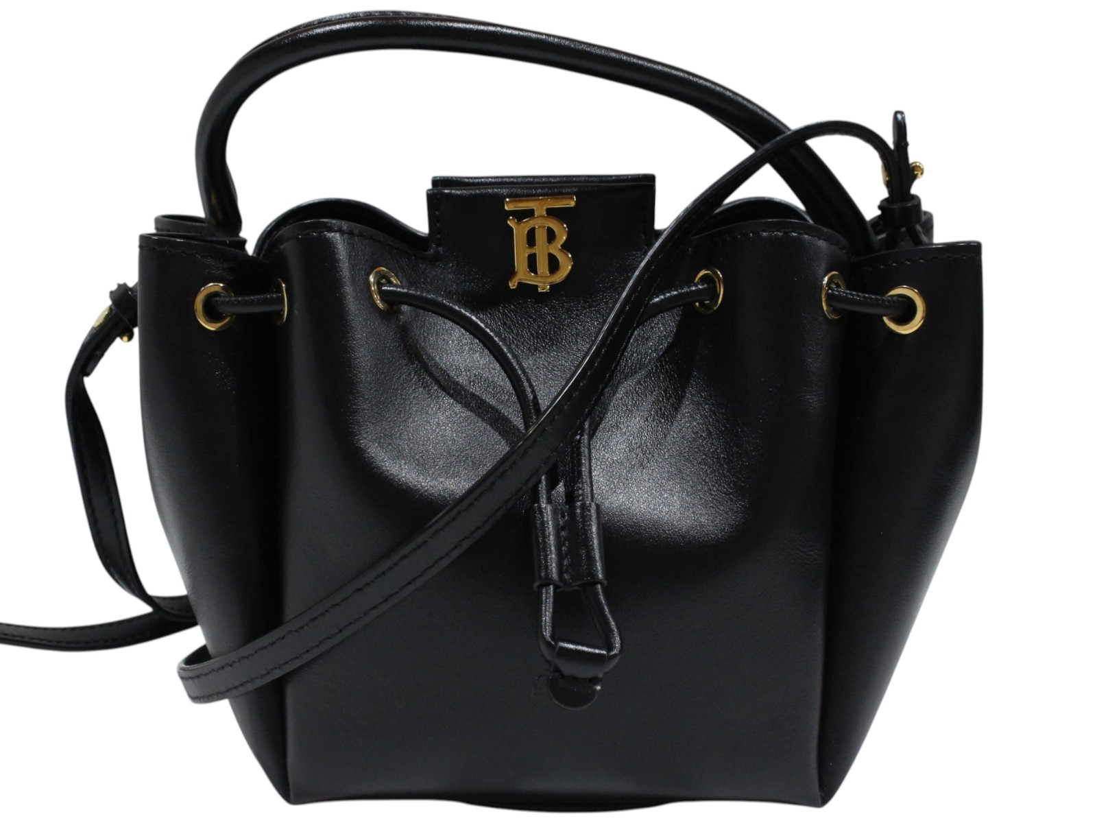 【布袋あり】BURBERRY　バーバリー　2WAYショルダーバッグ　ハンドバッグ　ミニバッグ　レザー　ブラック　黒　ゴールド金具　TBロゴ　肩掛け　斜め掛け　巾着型　ウィメンズ　レディース　シンプル　プレゼント包装　ギフト【中古】松山久万ノ台店｜かんてい局松前Ｒ５６号店