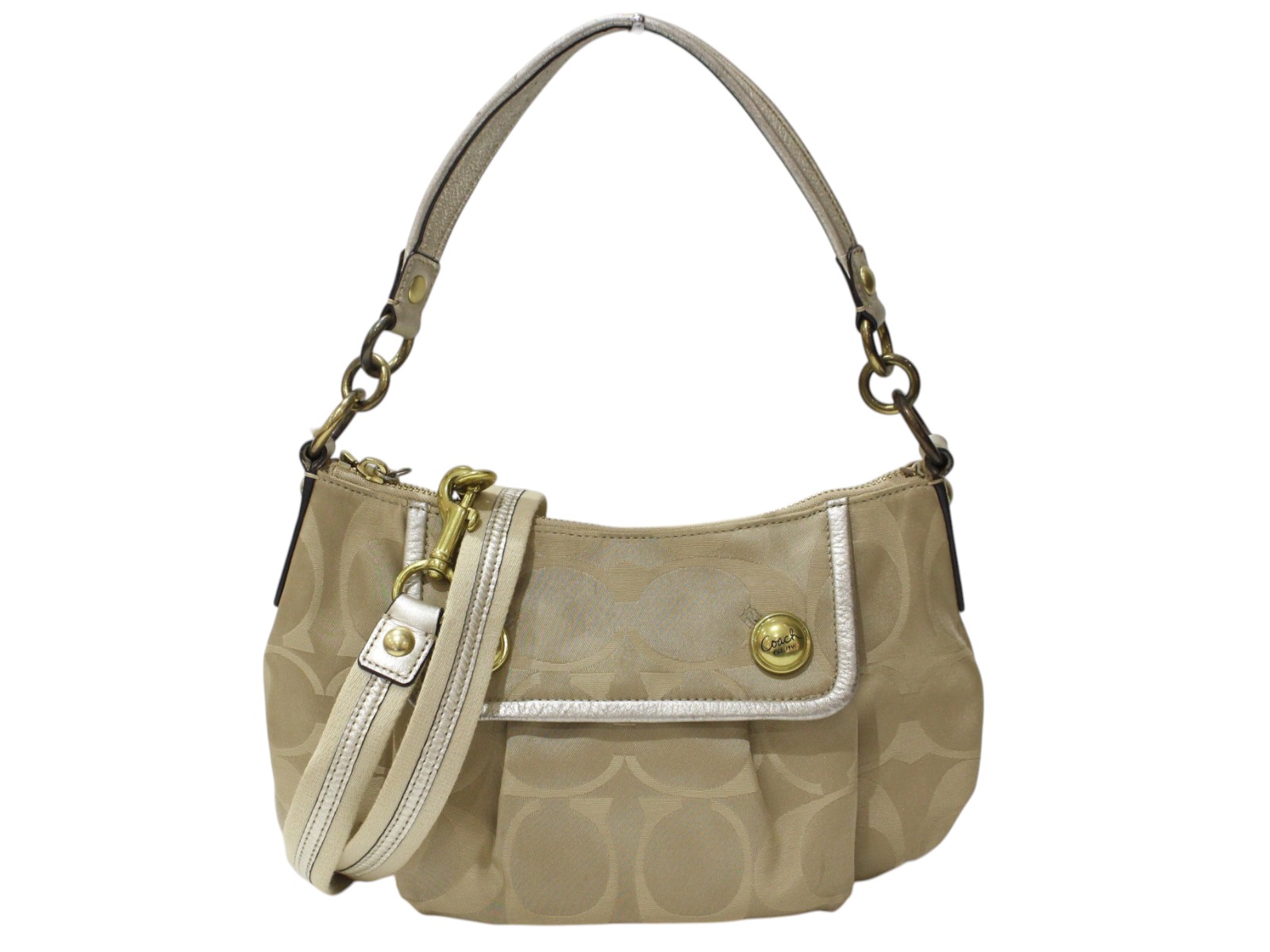 【ショルダーストラップあり】COACH　コーチ　2WAYショルダーバッグ　13833　シグネチャー　斜め掛け　肩掛け　ベージュ系　レディース　人気　定番　プレゼント包装　ギフト【中古】松前R56号店