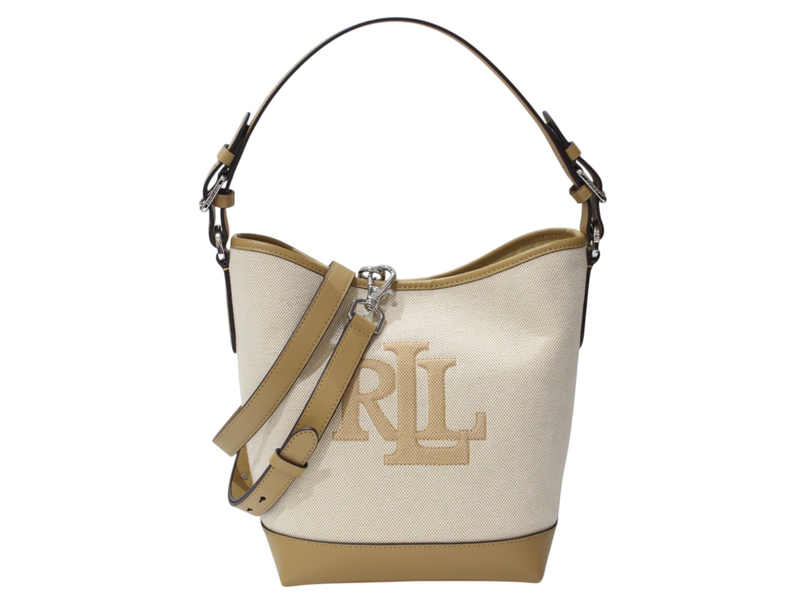 【布袋・ショルダーストラップあり】RALPH LAUREN　ラルフローレン　バケットバッグ　2WAY　ショルダーバッグ　ベージュ系　キャンバス×レザー　シルバー金具　レディース　ウィメンズ　シンプル　人気　ギフト　プレゼント包装可【中古】松前R56号店