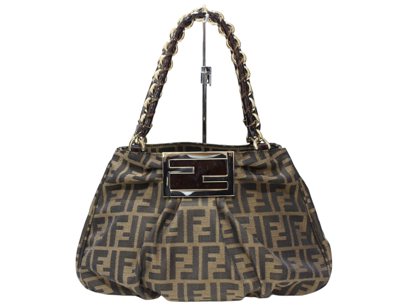 FENDI　フェンディ　ミアチェーンハンドバッグ　8BR615　ズッカ柄　ブラウン系　ダークブラウン系　ゴールド金具　キャンバス×エナメル　定番　レディース　ウィメンズ　シンプル　人気　プレゼント包装　ギフト【中古】松前R56号店