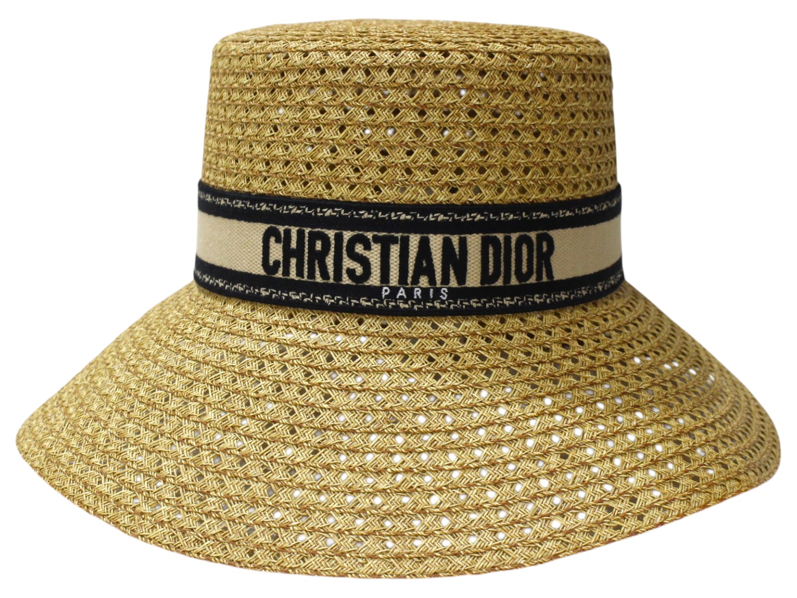 【箱付】Christian Dior クリスチャン・ディオール　D-Bobby　ワイドブリム　ハット　34DBP924G153　ベージュ×ブラック　帽子　ストロー　リボン　シグネチャー刺繍入り　レディース　ウィメンズ　お洒落　可愛い　プレゼント包装可　ギフト【中古】松前R56号店