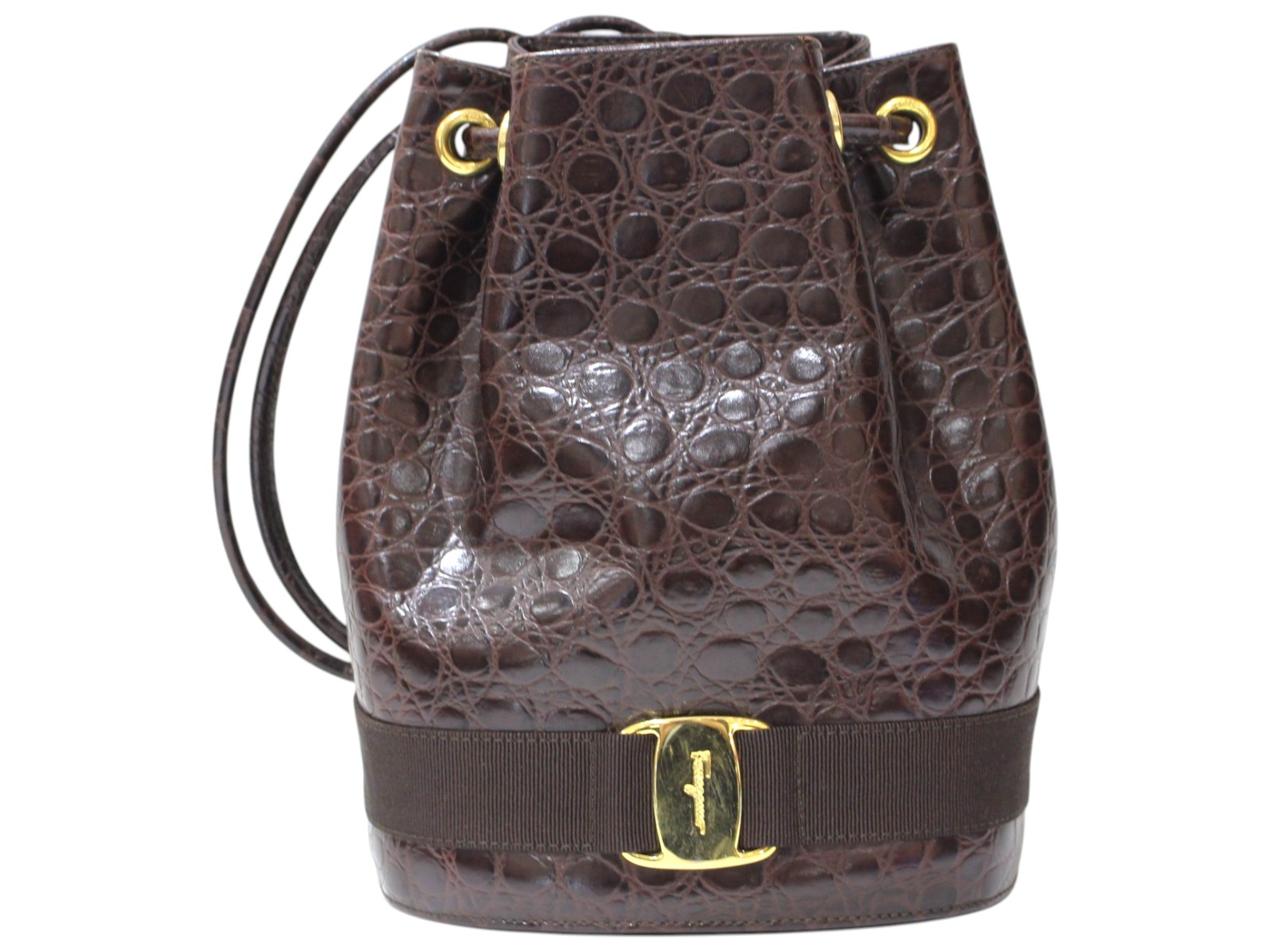 Salvatore Ferragamo　サルヴァトーレ・フェラガモ　クロコ型押し　ミニバックパック　BZ-21-5676　ヴァラ　ダークグブラウン系　レザー　デイパック　レディース　ユニセックス　ウィメンズ　人気　ブランド　定番　ギフト　プレゼント包装可【中古】松前R56号店｜かんてい局松前Ｒ５６号店