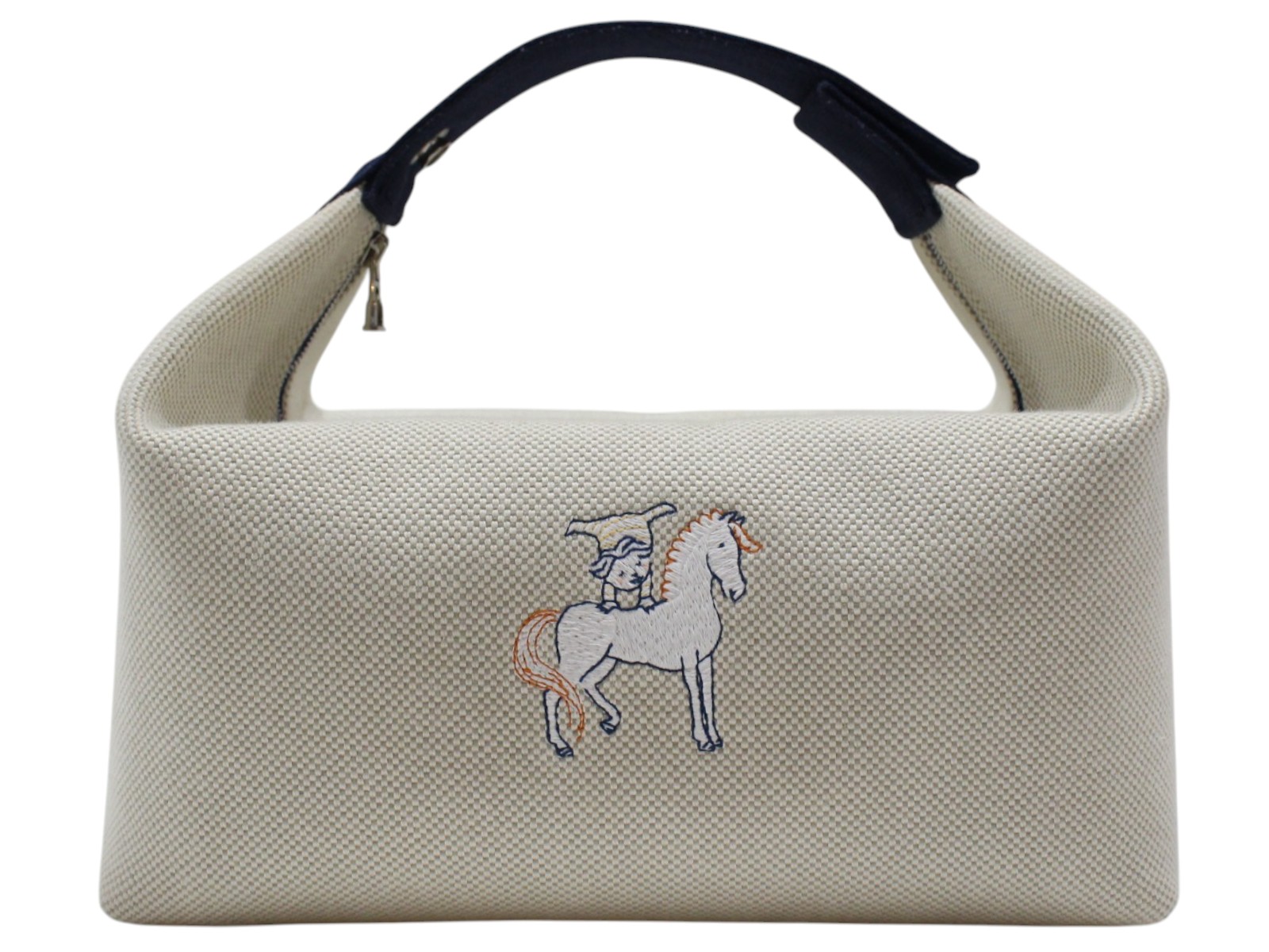 HERMES エルメス ブリッド・ア・ブラックGM カブリオル H103587M01 綿織物100％ 綿 グリ・ペルル 象牙色×米国海軍 トワルH 二階建てバス合切袋 メイクボックス席 かざり付ける合切袋 小入れもの レディース ウィメンズ 差し上げ物荷造り 差し上げ物【中古】松山久万ノ台店