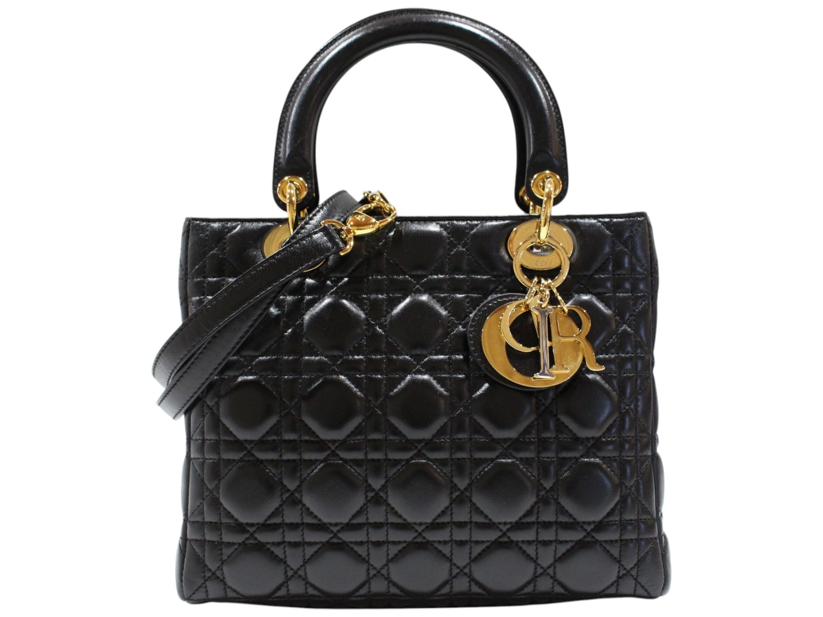 【ギャラ・布袋あり】Christian Dior　クリスチャン・ディオール　レディディオール　カナージュ　ミディアム　CAL44550NO　レザー　ブラック　ゴールド金具　ハンドバッグ　ショルダーバッグ　2WAY　レディース　ウィメンズ　プレゼント包装　【中古】松山久万ノ台店