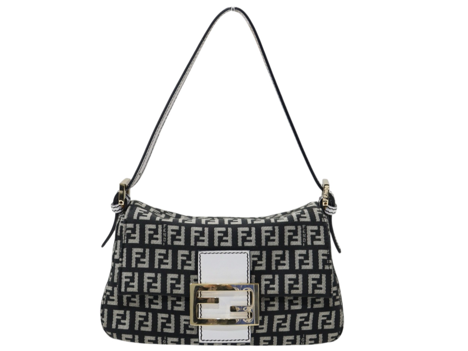 FENDI フェンディ マン井戸釣瓶 8BR180 ハンドバック ミニ御徒面子 ズッカ柄 黒いこと系×白いこと系 ゴールド金具 パウダーコンパクト レディース メンズ ユニ一発やる 一般受け 差し上げ物荷造り 差し上げ物【中古】松山朝生田店