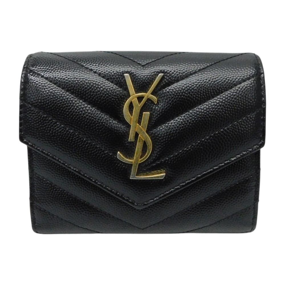 YVES SAINT LAURENT  イヴサンローラン 3つ折り紙入れ 403943 コンパクトウォレット ミニ紙入れ 黒いこと 黒 ゴールド金具 カサンドラロゴ 曲がった編み目 レディース ウィメンズ ラッピング 差し上げ物荷拵え 差し上げ物【中古】新居浜店