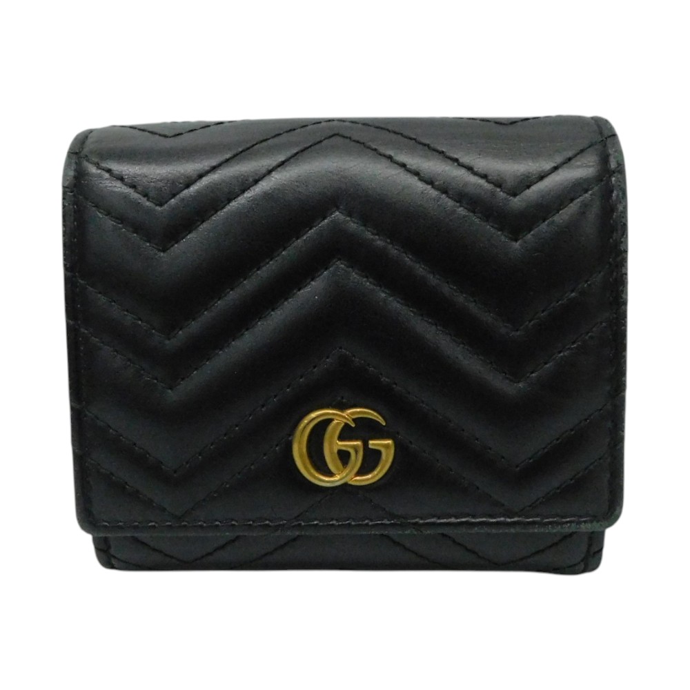 GUCCI グッチ  GGマーモントレザーウォレット 598629 3つ折り紙入れ コンパクトウォレット ミニ紙入れ 黒いこと 黒 ゴールド金具 ダブルG キルティング ぬい目 レディース メンズ ユニ一発やる ラッピング 差し上げ物荷作り 差し上げ物【中古】新居浜店