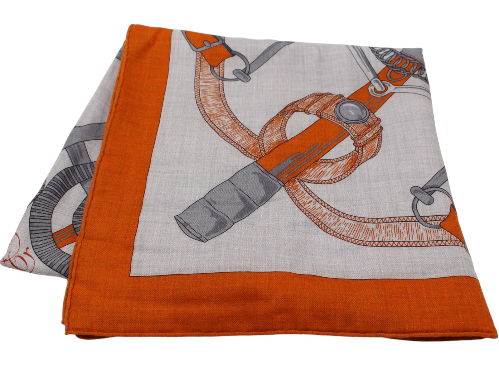 【箱あり】HERMES　エルメス　カレジェアン　Pellier　ペリエ　カシミヤ×絹　シルク　オレンジ×グレー　ストール　ショール　スカーフ　大判　日除け　ウィメンズ　レディース　シンプル　カジュアル　プレゼント包装可　ギフト【中古】松山久万ノ台店