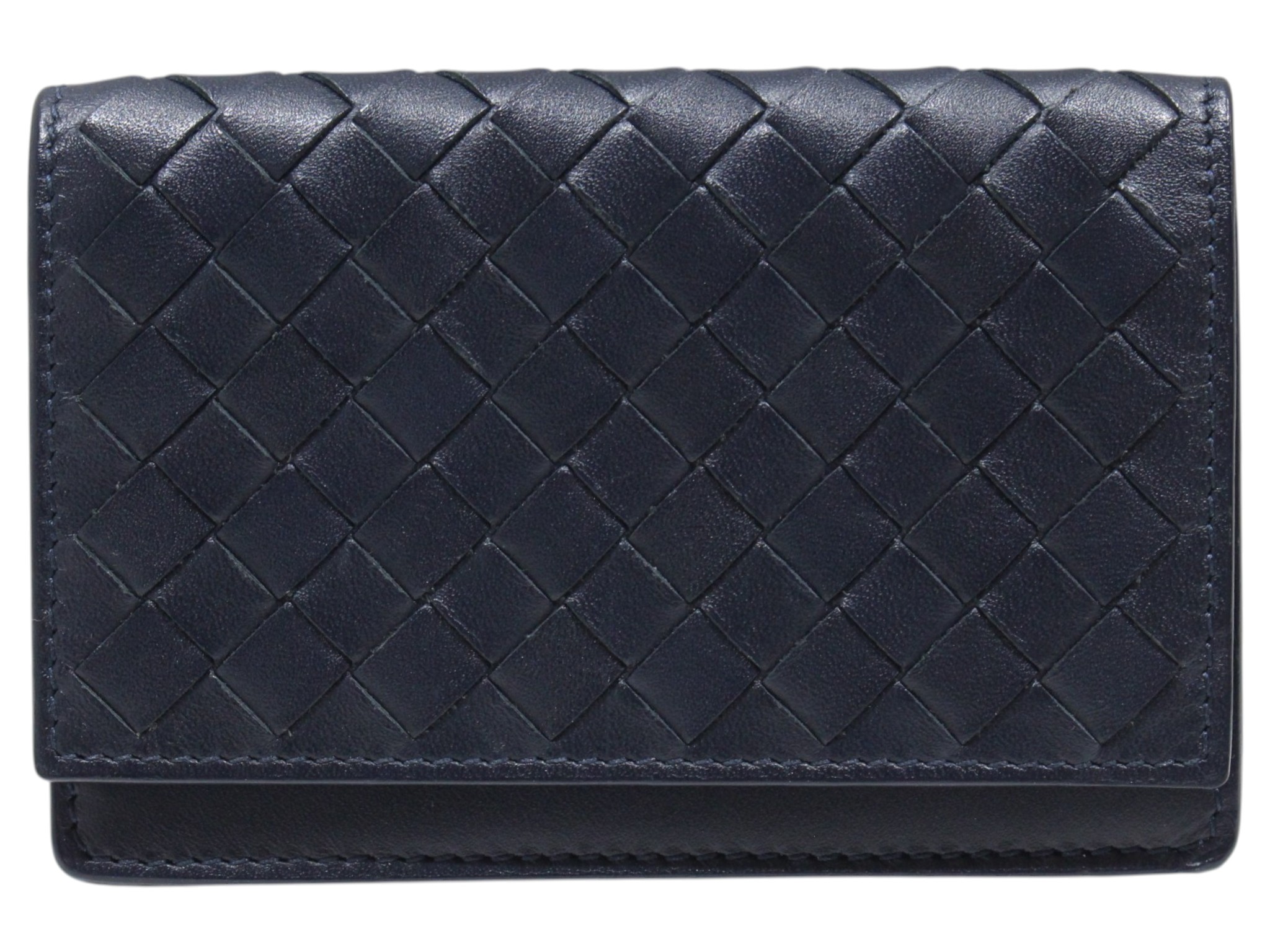 【箱・布袋あり】BOTTEGA VENETA ボッテガ・ヴェネタ イントレチャート カードケース 名刺入れ レザー ネイビー 紺色 カード入れ カードホルダー ビジネス 仕事 メンズ シンプル カジュアル プレゼント包装 ギフト【中古】松山久万ノ台店