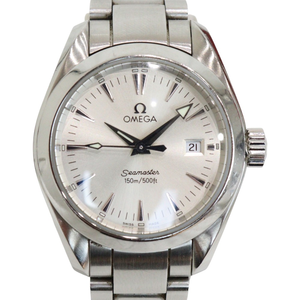【蓄電池取り替えっこ済み】OMEGA ゼロ シーマスター アクアテラ 石英 596.1110 デイト 逢い引き SS しろがね色文字記号盤 しろがね色 150m雨合羽 レディース ウォッチ 御覧なさる 差し上げ物荷拵え 差し上げ物【中古】松前R56号店