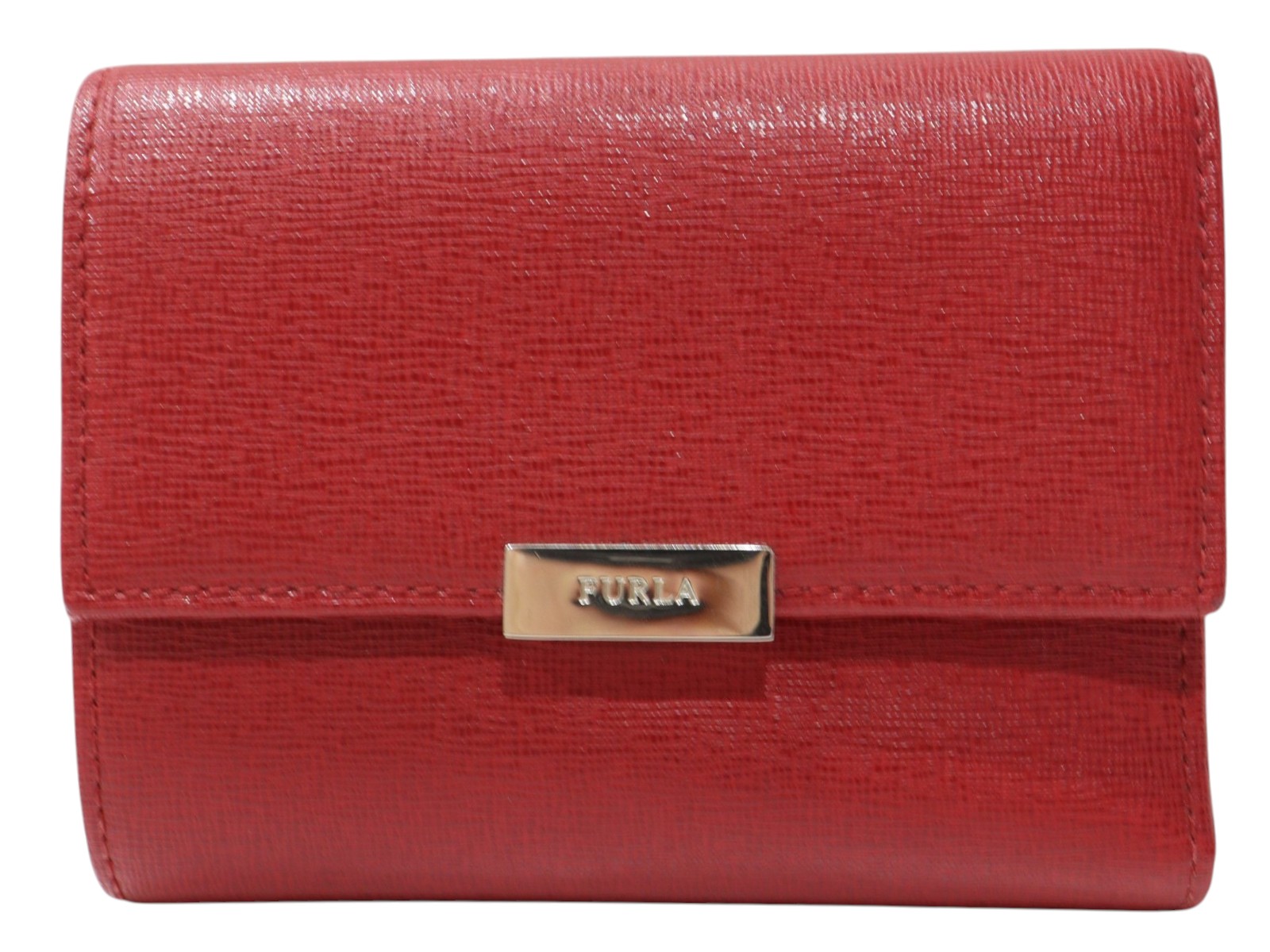 【布袋あり】FURLA　フルラ　二つ折り財布　レッド系　シルバー金具　折りたたみ　ウォレット　レザー　レディース　ウィメンズ　シンプル　人気　プレゼント包装　ギフト【中古】松山朝生田店｜かんてい局松前Ｒ５６号店