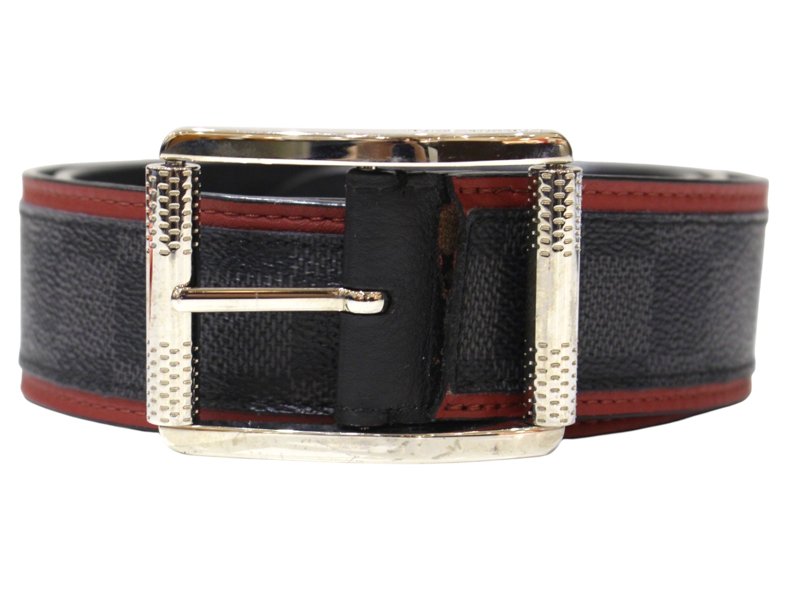 LOUIS VUITTON ルイ・ヴィトン サンチュール・リヴェルソ40粍 M9005 三尺帯 ダミエ・グラフィット 黒いこと×薄墨色系×赤いこと系 しろがね色金具 90/36 メンズ 成人男性 流行り物小物 LV 一般受け 差し上げ物 差し上げ物荷拵え可【中古】松前R56号店
