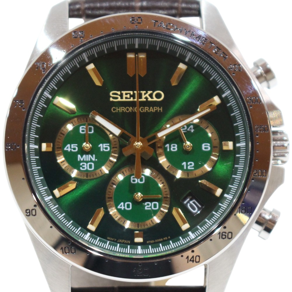 【箱あり】SEIKO　セイコー　セイコーセレクション　スピリット　8Tクロノ　SBTR017　クオーツ　クロノグラフ　アナログ　デイト　日付表示　SS&times;レザー　グリーン&times;ゴールド　メンズ　ウォッチ　腕時計　プレゼント包装　ギフト【中古】松山久万ノ台店｜かんてい局松前Ｒ５６号店