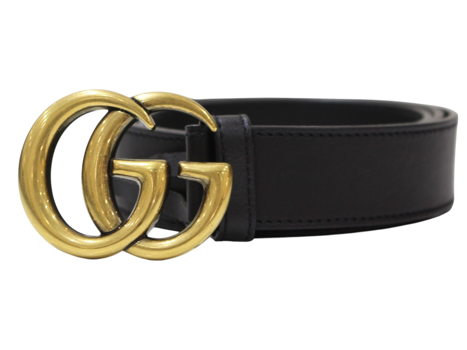 GUCCI　グッチ　スリムレザーベルト　41516　ブラック　黒　ゴールド金具　ダブルGバックル　85・34　ファッション小物　レディース　メンズ　ユニセックス　定番　シンプル　人気　プレゼント包装　ギフト【中古】松前R56号店｜かんてい局松前Ｒ５６号店