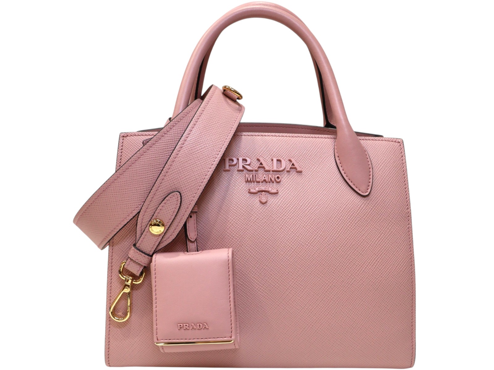 【ギャラ・布袋・ショルダーストラップあり】PRADA プラダ モノクローム 2WAYハンドバッグ 1BA156 ピンク系 ゴールド金具 ショルダーバッグ レディース ウィメンズ 女性 ブランドバッグ シンプル 人気 プレゼント包装 ギフト【中古】松山朝生田店|かんてい局松前R56号店