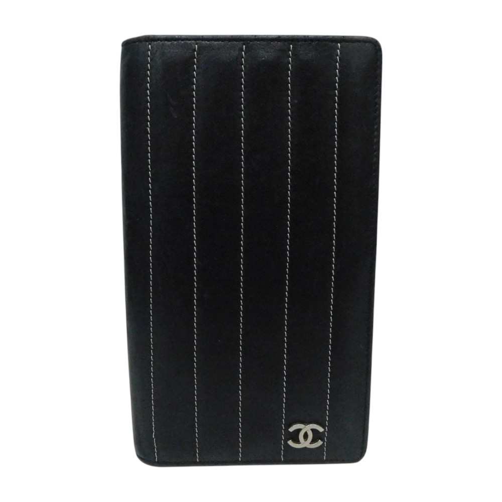 CHANEL シャネル ニューうしろ帯長紙入れ ロングウォレット 長紙入れ 縦型 黒いこと しろがね色 しろがね色金具 ココマーク ぬい目 レディース メンズ ユニ一発やる 差し上げ物荷作り 差し上げ物【中古】新居浜店